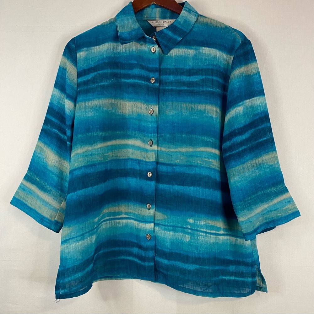 ALLISON DALEY Button Down Blue Striped Collared Shirt 3/4 Sleeve Size 12 Petite